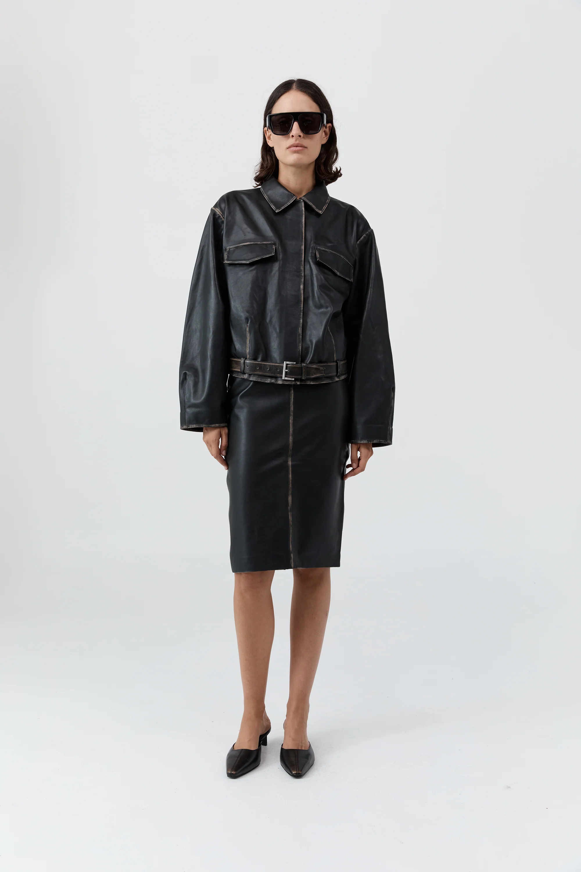 PRE-ORDER: Brushed Leather Belted Jacket - Black - Image 3