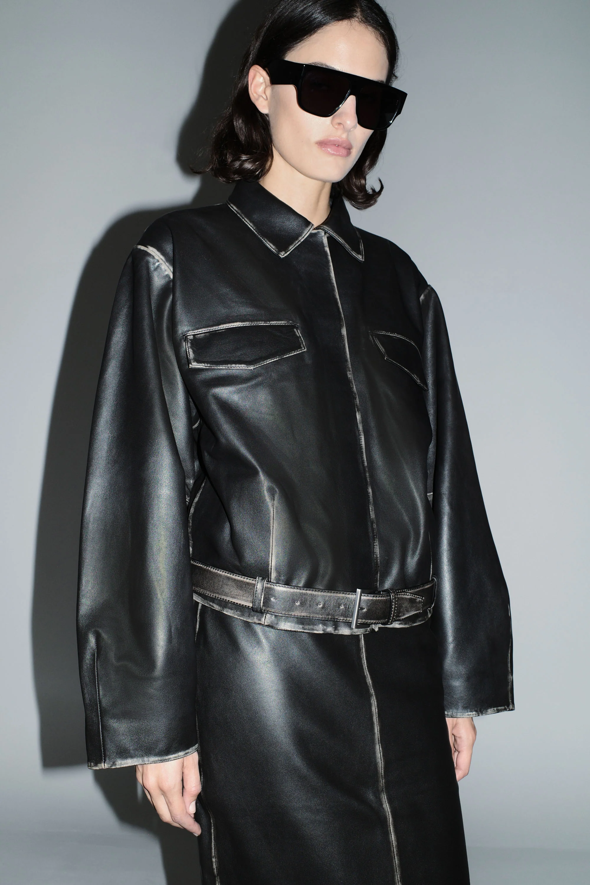 PRE-ORDER: Brushed Leather Belted Jacket - Black - Image 9