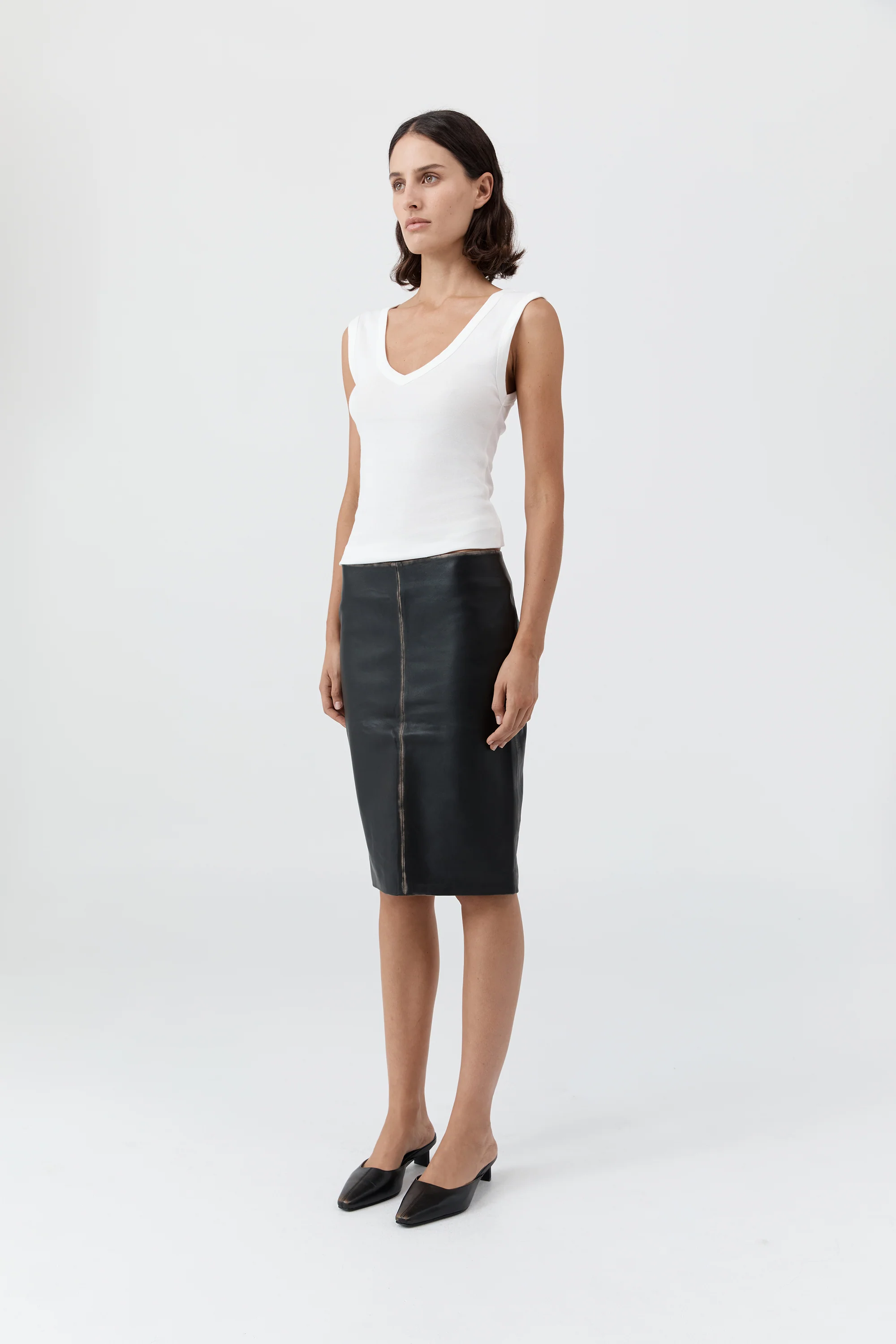 Brushed Leather Pencil Skirt - Black - Image 4