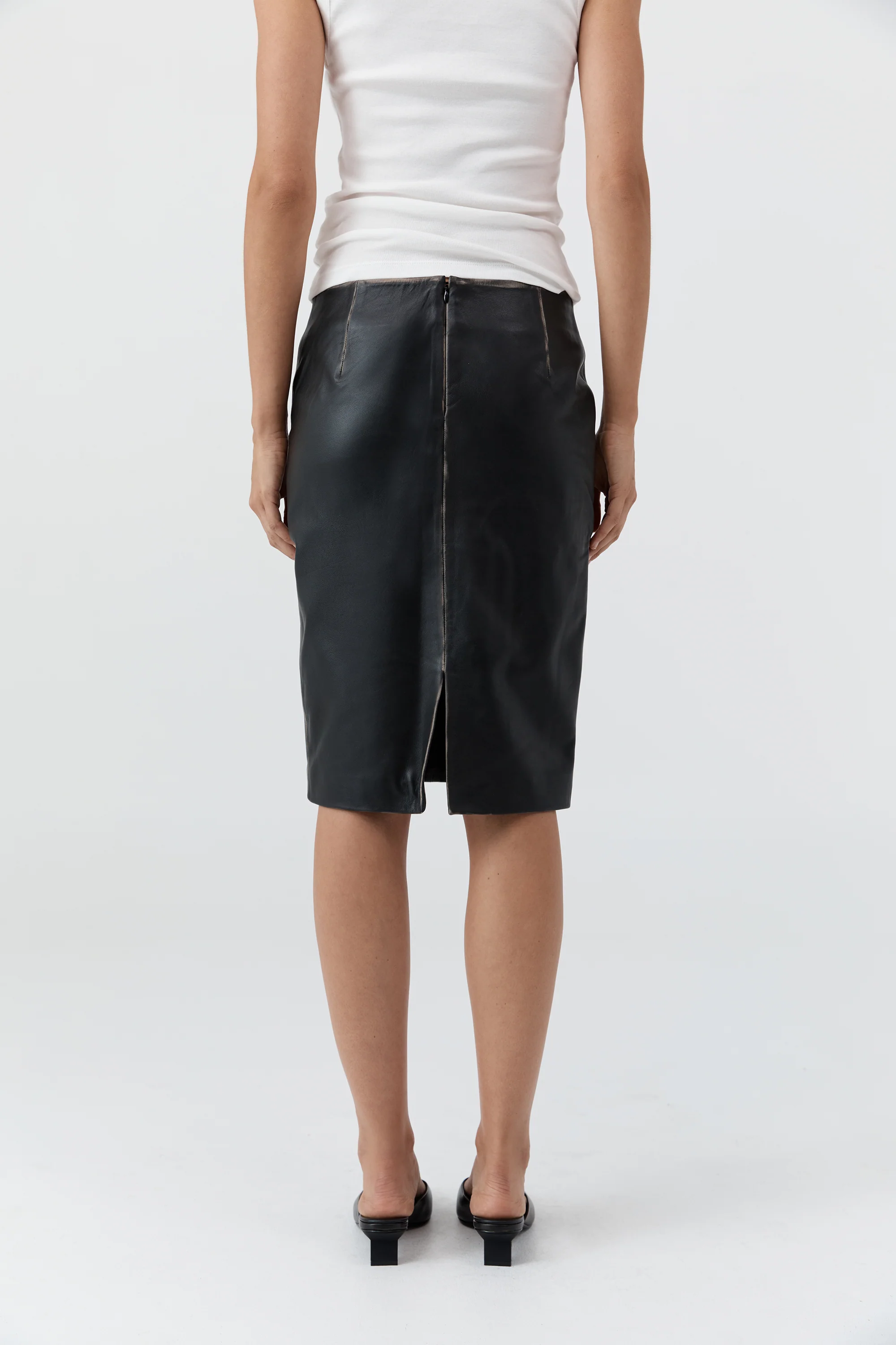 Brushed Leather Pencil Skirt - Black - Image 5