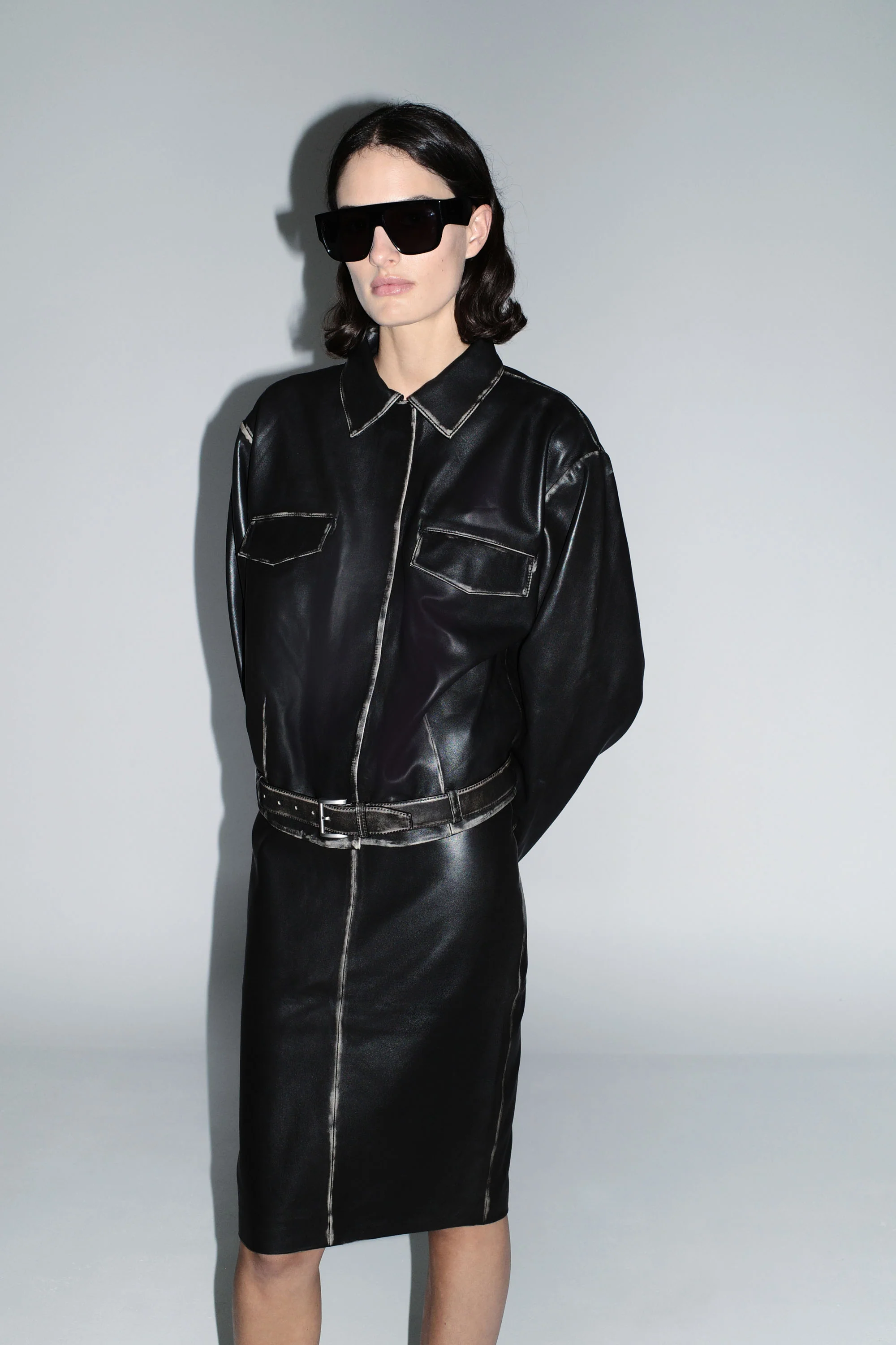 Brushed Leather Pencil Skirt - Black - Image 8