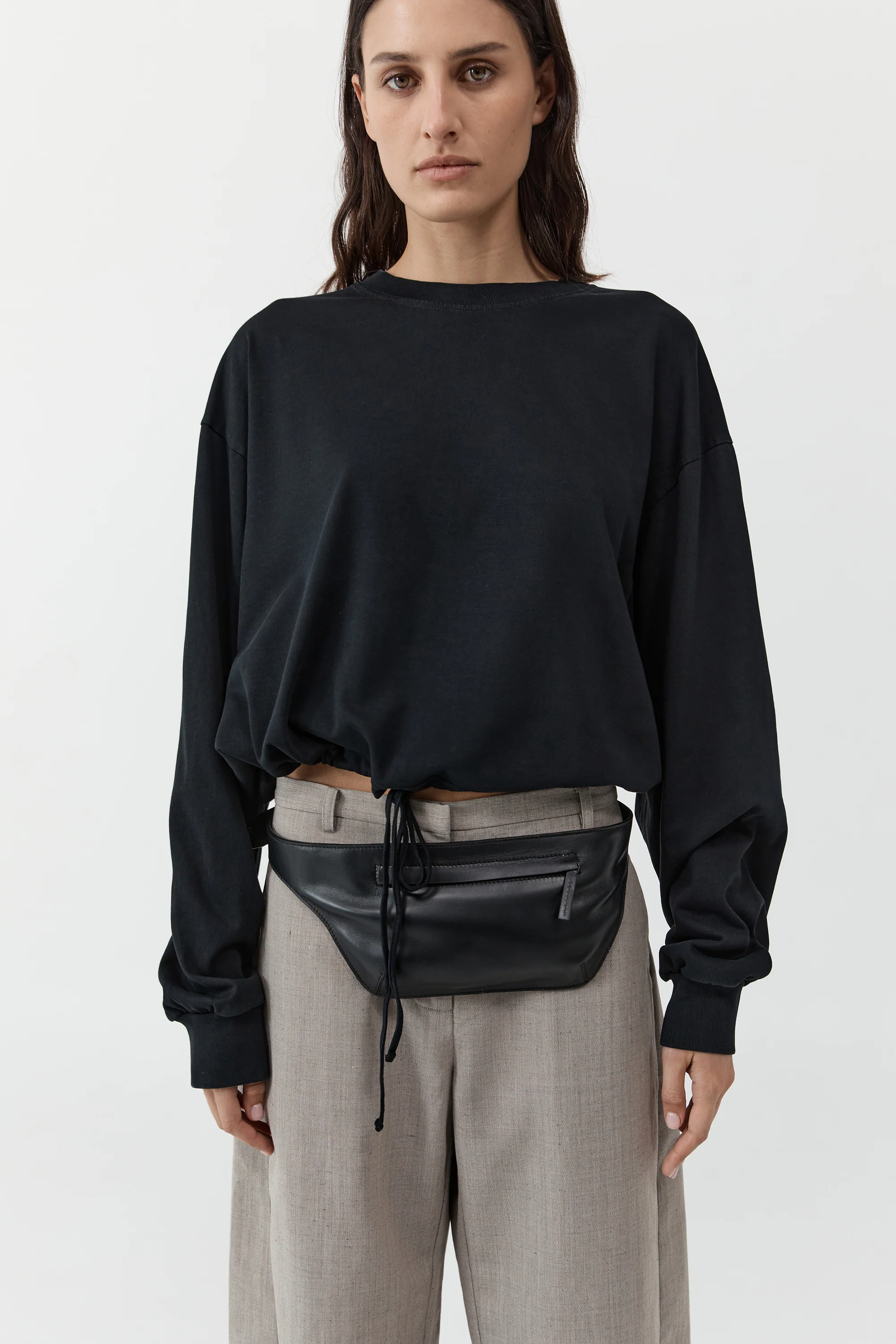Drawstring Long Sleeve Top - Black - Image 3
